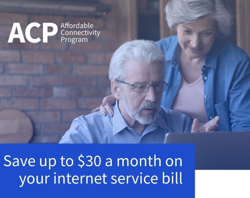 Affordability Connectivity Program (ACP) image showing 2 people using a laptop and describing the Internet service discount available