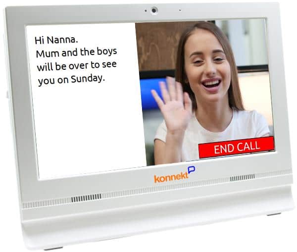 Konnekt Captioning Videophone in a captioned call showing speech-to-text subtitles and enabling lip reading