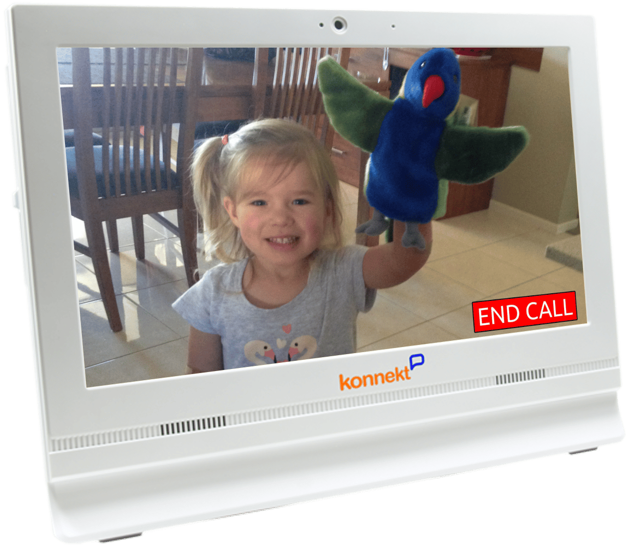 Videophone call with granddaughter who is holding a hand puppet