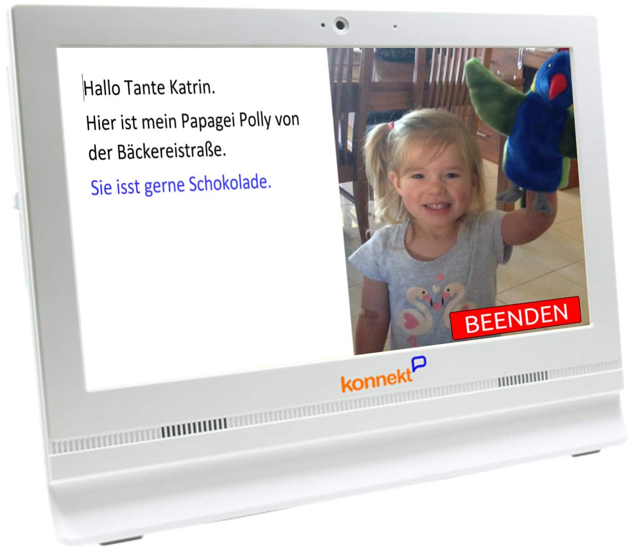 Konnekt Captioning Videophone during a captioned video call showing a young girl with a parrot hand puppet and German-language captions